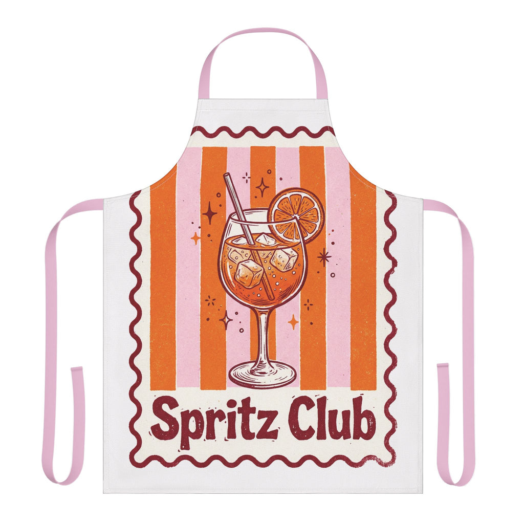 Spritz Club apron laid flat, showing the pink and orange stripes with the Spritz Club cocktail motif