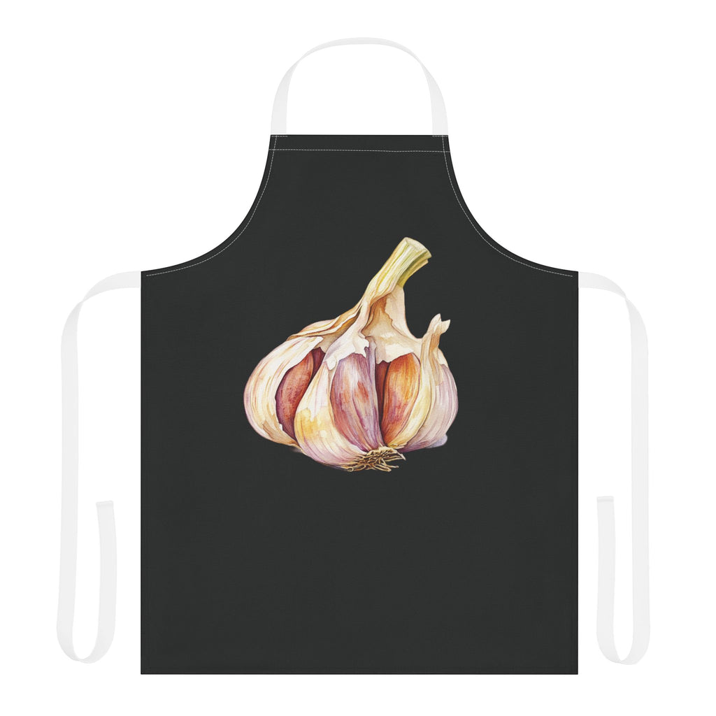Garlic apron laid flat in black with white straps, showing the garlic bulb print