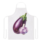 Eggplant and Garlic apron laid flat, showing the eggplant and garlic bulb print on a white body