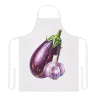 Eggplant and Garlic apron laid flat, showing the eggplant and garlic bulb print on a white body