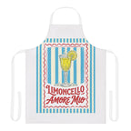 Limoncello Amore Mio apron laid flat, showing the striped ground and the retro Limoncello label