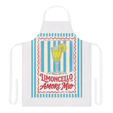Limoncello Amore Mio apron laid flat, showing the striped ground and the retro Limoncello label