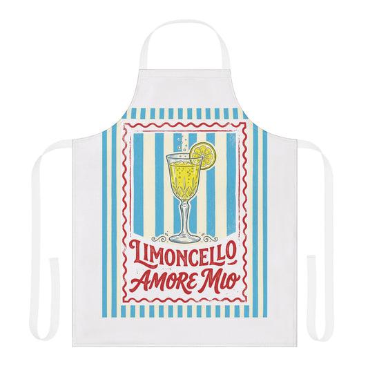 Limoncello Amore Mio apron laid flat, showing the striped ground and the retro Limoncello label