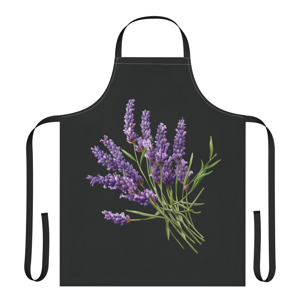 Lavender apron laid flat, showing the bundle of lavender stems on a black body
