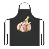 Garlic apron laid flat in black with black straps, showing the garlic bulb print