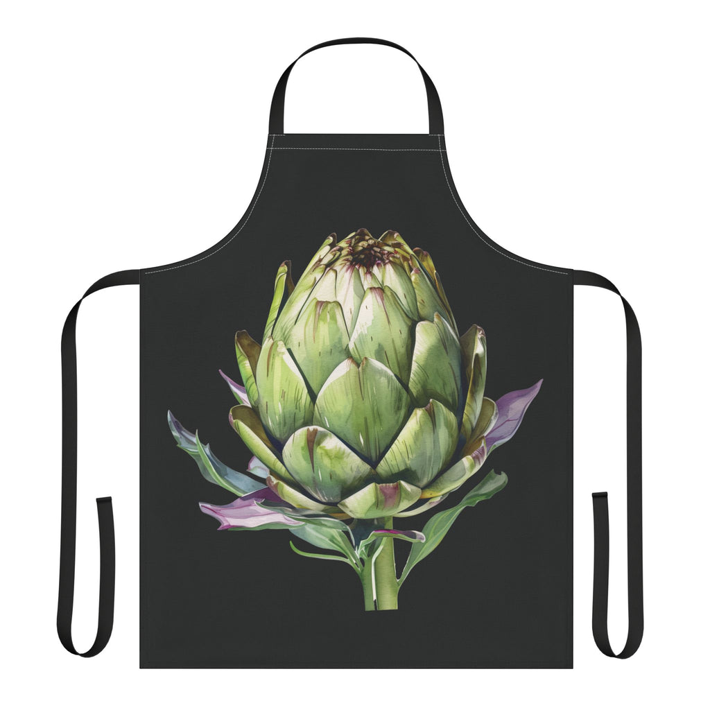 Artichoke apron laid flat, showing the watercolor artichoke print on a black body