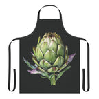Artichoke apron laid flat, showing the watercolor artichoke print on a black body