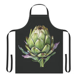 Artichoke apron laid flat, showing the watercolor artichoke print on a black body