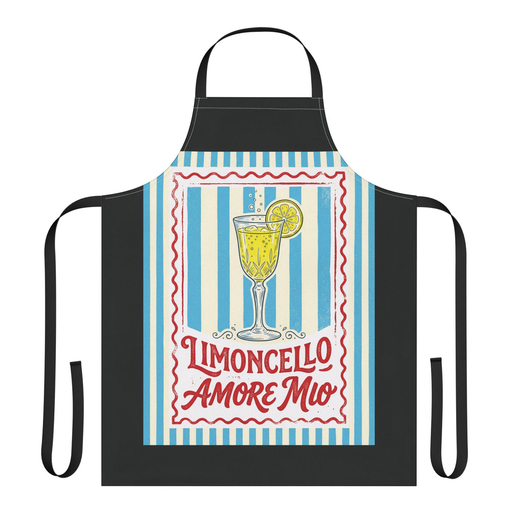 Limoncello Amore Mio apron laid flat, showing the striped ground and the retro Limoncello label on a black body