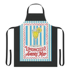Limoncello Amore Mio apron laid flat, showing the striped ground and the retro Limoncello label on a black body