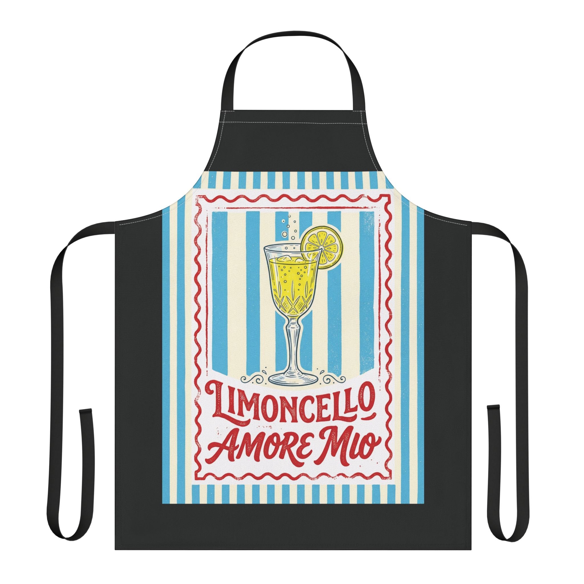 Limoncello Amore Mio apron laid flat, showing the striped ground and the retro Limoncello label on a black body