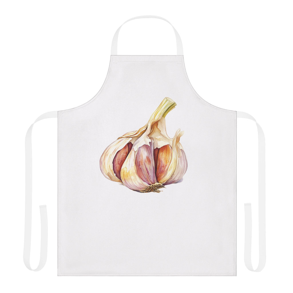 Garlic apron laid flat in white with white straps, showing the garlic bulb print