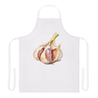 Garlic apron laid flat in white with white straps, showing the garlic bulb print