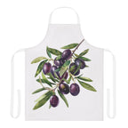 Olive Branch apron laid flat, showing the olive branch with dark olives on a white body