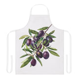 Olive Branch apron laid flat, showing the olive branch with dark olives on a white body