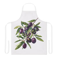 Olive Branch apron laid flat, showing the olive branch with dark olives on a white body