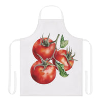 Tomato apron laid flat, showing the vine tomato print on a white body