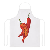 Chili Pepper apron laid flat, showing the red chili pepper print on a white body