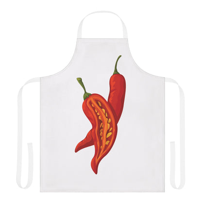 Chili Pepper apron laid flat, showing the red chili pepper print on a white body