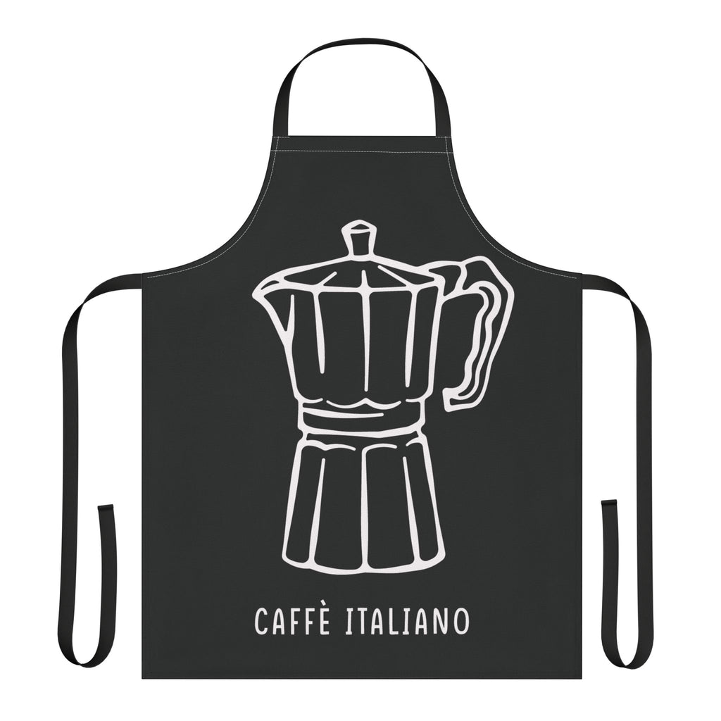 Caffè Italiano apron laid flat, showing the white line-drawn moka pot on a black body