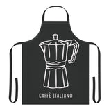Caffè Italiano apron laid flat, showing the white line-drawn moka pot on a black body