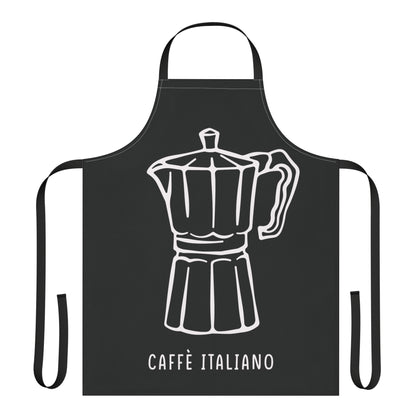 Caffè Italiano apron laid flat, showing the white line-drawn moka pot on a black body