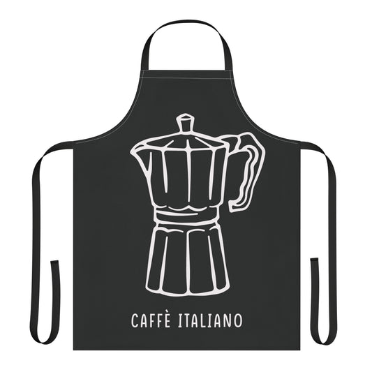Caffè Italiano apron laid flat, showing the white line-drawn moka pot on a black body