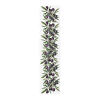 Olive Branch table runner in cotton twill, 16 by 72 inches, laid flat with repeating olive branches and dark olives