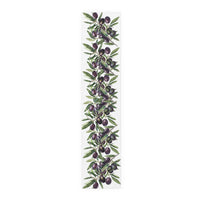 Olive Branch table runner in cotton twill, 16 by 72 inches, laid flat with repeating olive branches and dark olives