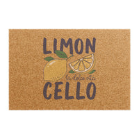 Limoncello La Dolce Vita coir doormat, showing bold block lettering with a lemon and leaves
