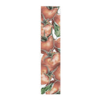 Tomato table runner in cotton twill, 16 by 72 inches, laid flat with a repeating vine tomato pattern