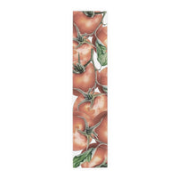 Tomato table runner in cotton twill, 16 by 72 inches, laid flat with a repeating vine tomato pattern