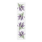 Lavender table runner in cotton twill, 16 by 72 inches, laid flat with repeating sprigs of lavender