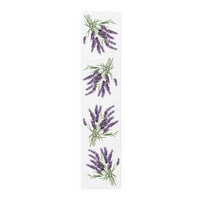 Lavender table runner in cotton twill, 16 by 72 inches, laid flat with repeating sprigs of lavender