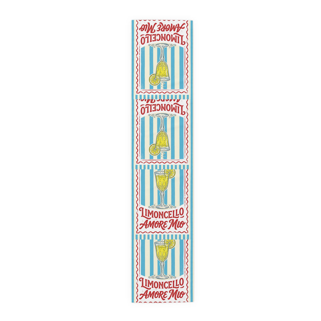 Limoncello Amore Mio table runner in polyester, 16 by 72 inches, blue and white stripes with retro Limoncello labels