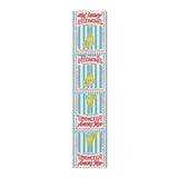 Limoncello Amore Mio table runner in polyester, 16 by 72 inches, blue and white stripes with retro Limoncello labels