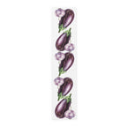 Eggplant and Garlic table runner in cotton twill, 16 by 72 inches, laid flat with a repeating eggplant and garlic pattern
