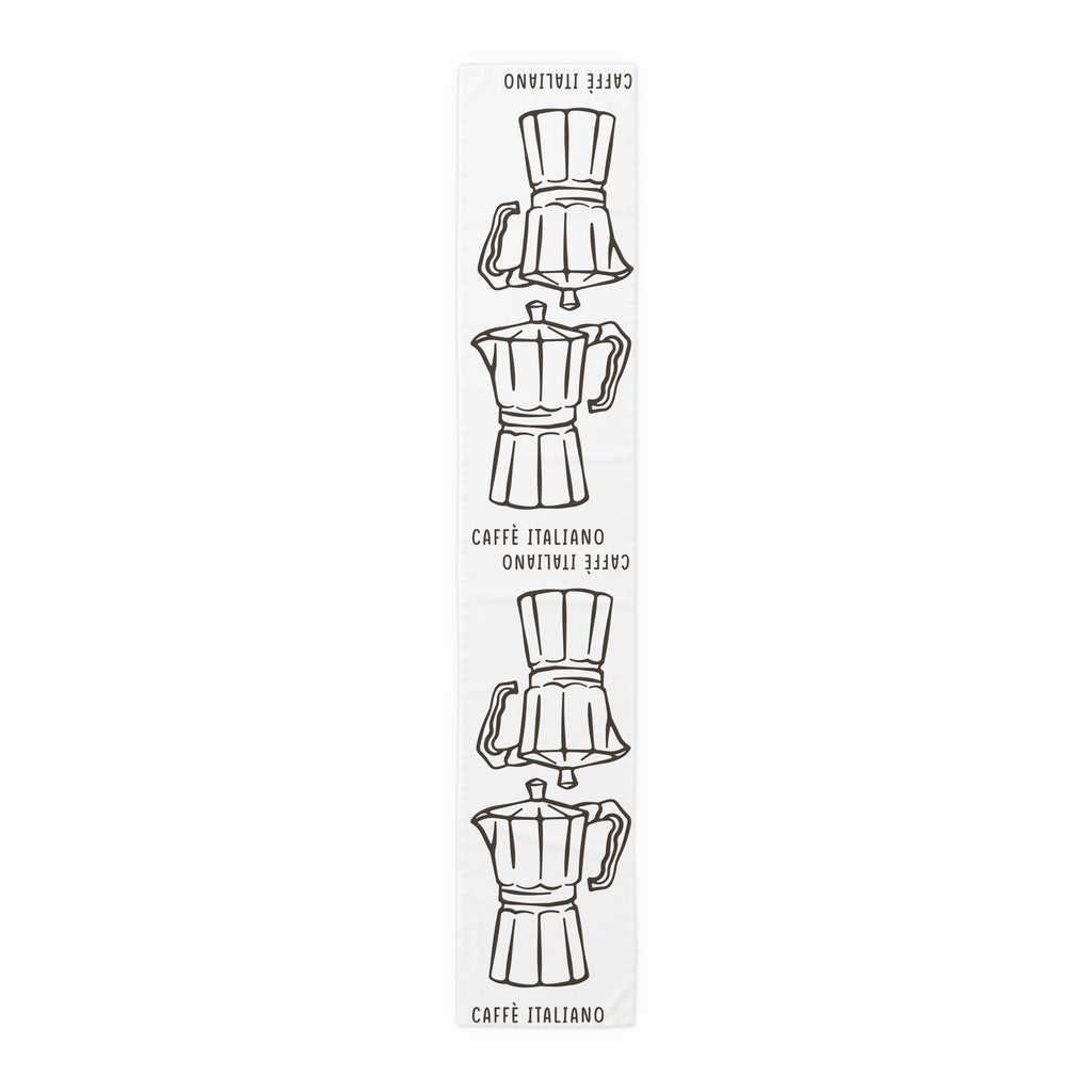 Caffè Italiano table runner in cotton twill, 16 by 90 inches, the longer size laid flat with the same repeating print
