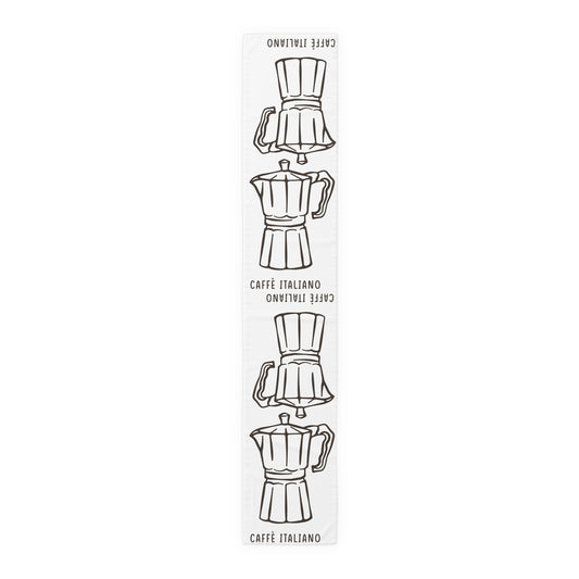 Caffè Italiano table runner in cotton twill, 16 by 90 inches, the longer size laid flat with the same repeating print