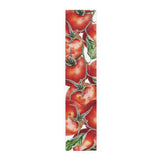 Tomato table runner in polyester, 16 by 72 inches, laid flat with a repeating vine tomato pattern