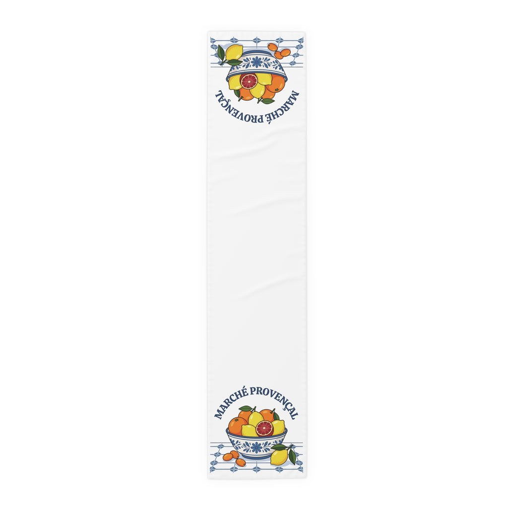 Marché Provençal table runner in polyester, 16 by 72 inches, plain center with a citrus and blue tile border at each end