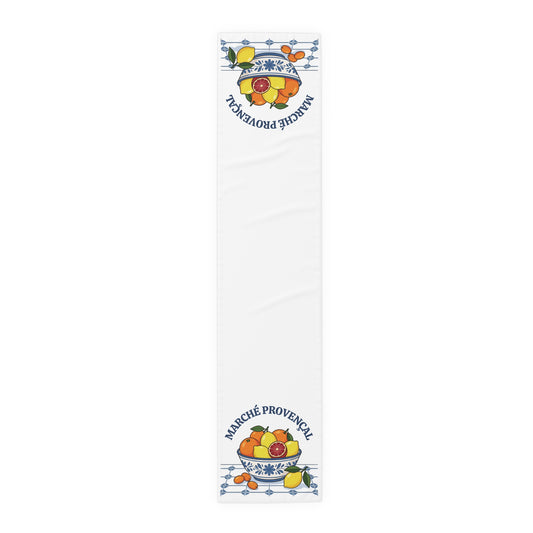 Marché Provençal table runner in polyester, 16 by 72 inches, plain center with a citrus and blue tile border at each end