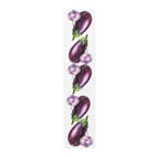 Eggplant and Garlic table runner in polyester, 16 by 72 inches, laid flat with a repeating eggplant and garlic pattern
