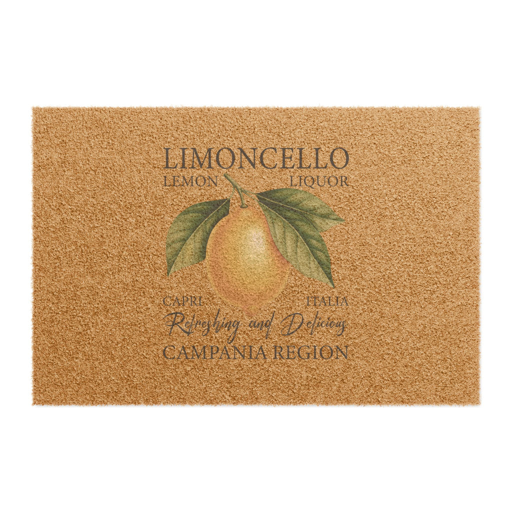 Limoncello coir doormat, showing the lemon label print with Limoncello lettering