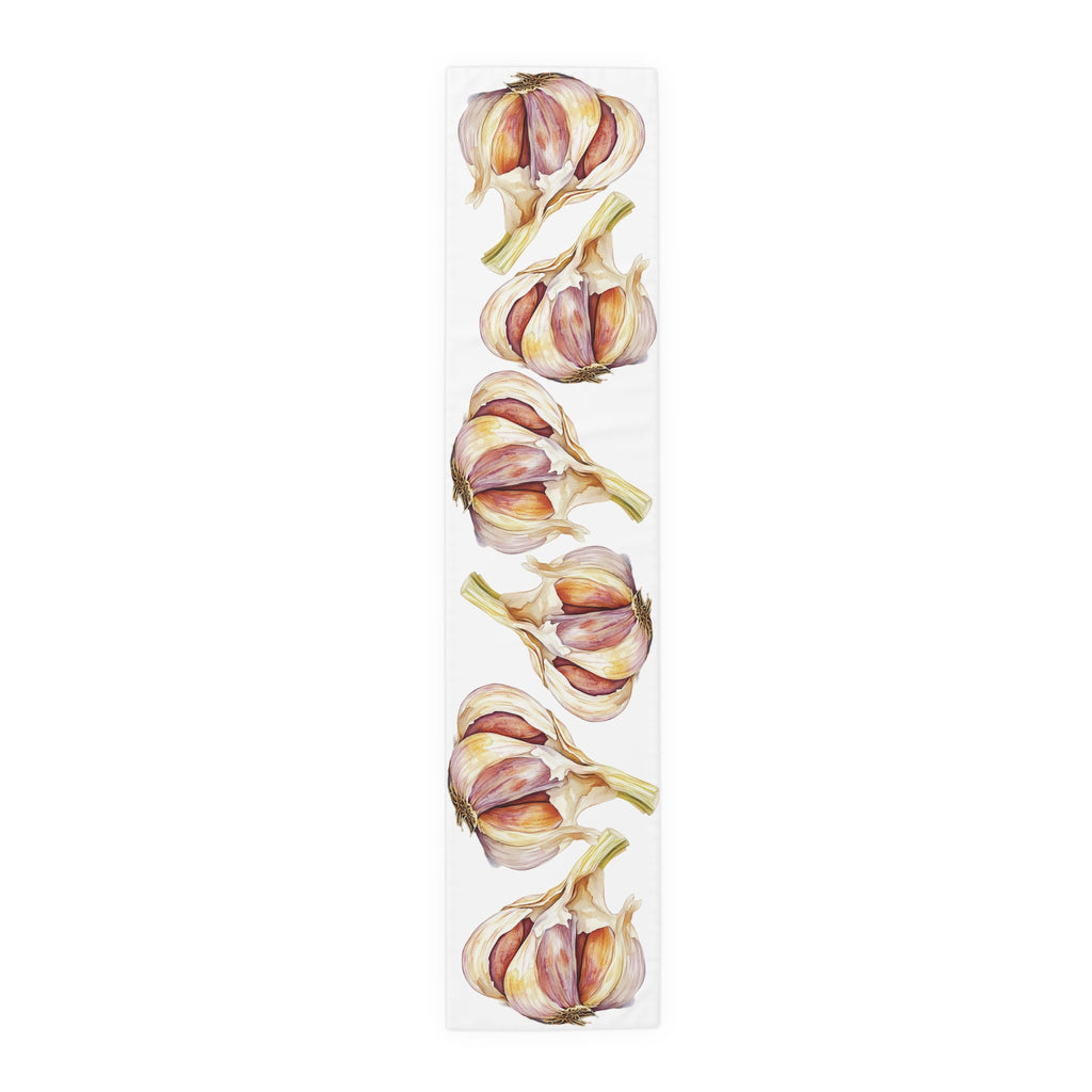 Garlic table runner in polyester, 16 by 72 inches, laid flat with a repeating watercolor garlic bulb pattern