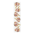 Garlic table runner in polyester, 16 by 72 inches, laid flat with a repeating watercolor garlic bulb pattern