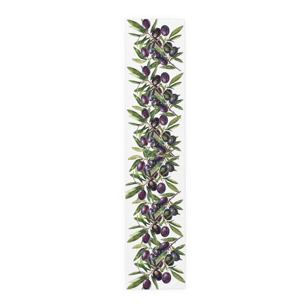 Olive Branch table runner in polyester, 16 by 72 inches, laid flat with repeating olive branches and dark olives