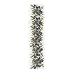 Olive Branch table runner in polyester, 16 by 72 inches, laid flat with repeating olive branches and dark olives