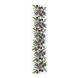 Olive Branch table runner in polyester, 16 by 72 inches, laid flat with repeating olive branches and dark olives