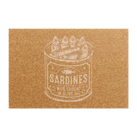 Sardines in Olive Oil coir doormat, showing an open sardine tin with Sardines lettering